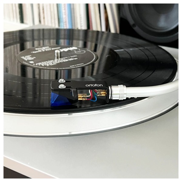 Ortofon 2M Blue Moving Magnet Cartridge - Lifestyle Image, connected to headshell and tonearm