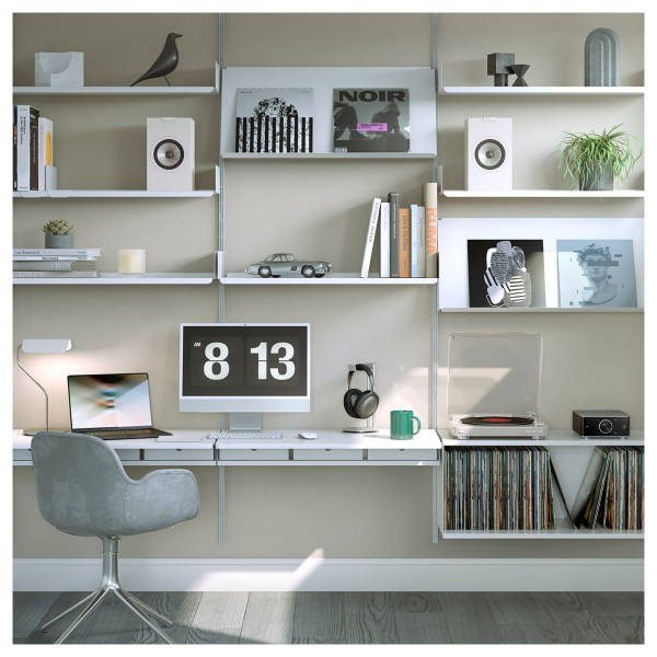 KEF Q1 Meta Bookshelf Speakers (Pair), Satin White - Lifestyle Image, bookshelf setup