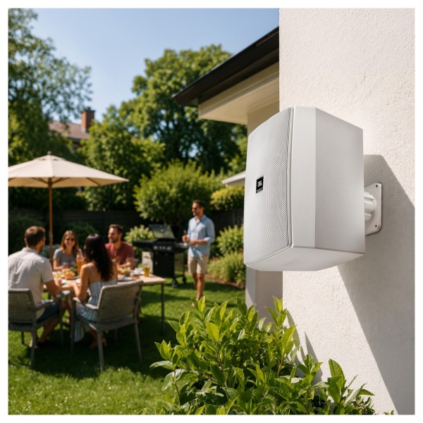 JBL Stage XD-5 Outdoor Speaker (Pair), White - Patio lifestyle