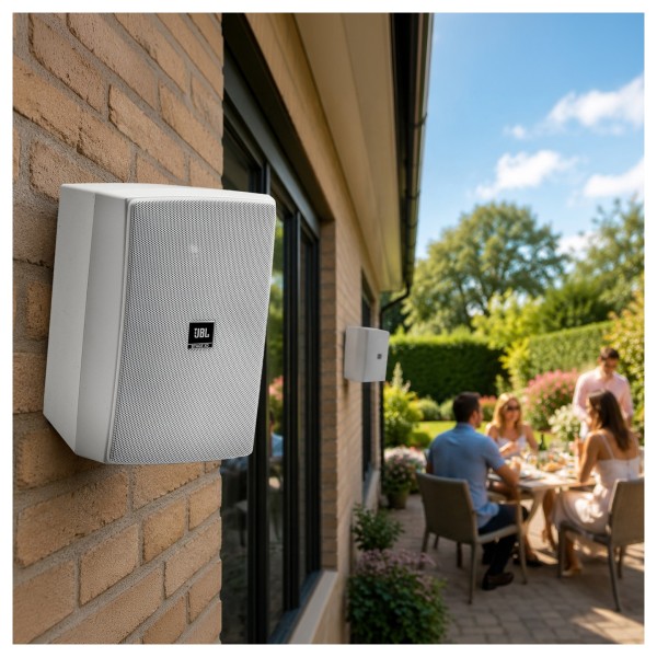 JBL Stage XD-5 Outdoor Speaker (Pair), White - Patio lifestyle, pair
