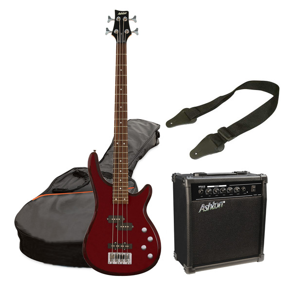 Ashton SPAB4 Bass Guitar Starter Pack, Transparent Red