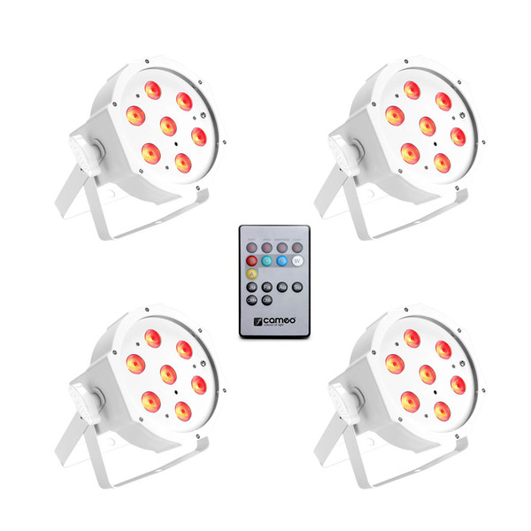 Cameo Tri Colour 7 x 3W LED RGB Flat Par Can, White Set of 4