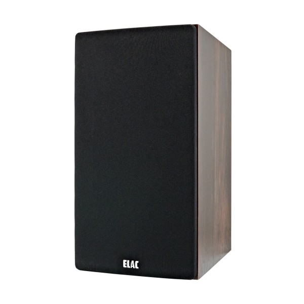 ELAC Debut B6.2 Bookshelf Speaker, Walnut - Angled, single with grille attached