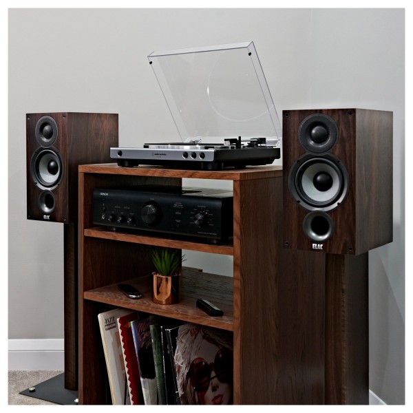 ELAC Debut B5.2 Bookshelf Speaker (Pair), Walnut - Lifestyle image, Denon PMA-600NE & Audio Technica AT-LP60X-BT