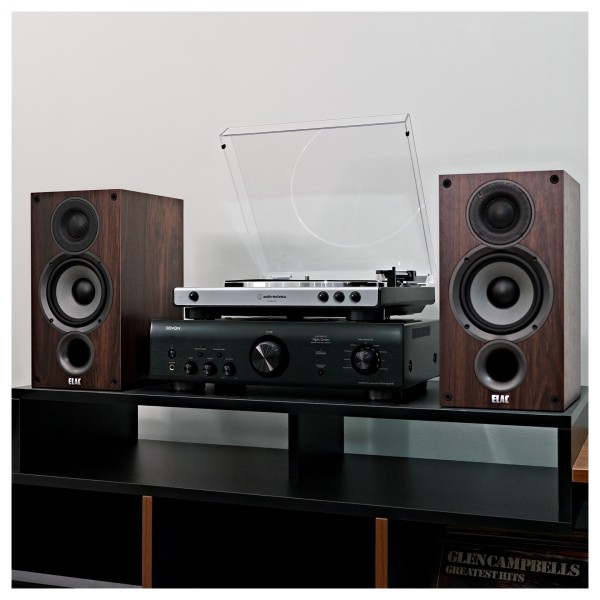 ELAC Debut B5.2 Bookshelf Speaker (Pair), Walnut - Lifestyle image, Denon PMA-600NE & Audio Technica AT-LP60X-BT