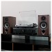 ELAC Debut B5.2 Bookshelf Speaker (Pair), Walnut - Lifestyle image, Denon PMA-600NE & Audio Technica AT-LP60X-BT