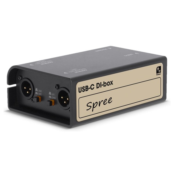 Palmer Spree Active Stereo USB-C Media DI Box Rear Label Angle