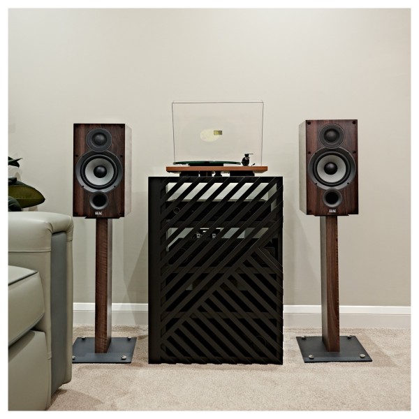 ELAC Debut B6.2 Bookshelf Speaker (Pair), Walnut - Lifestyle, with hi-fi cabinet and stands