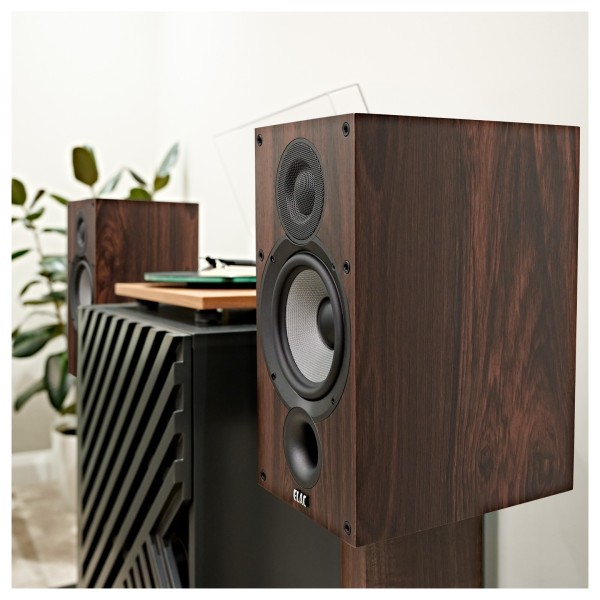 ELAC Debut B6.2 Bookshelf Speaker (Pair), Walnut - Lifestyle, up-close, showing walnut vinyl finish