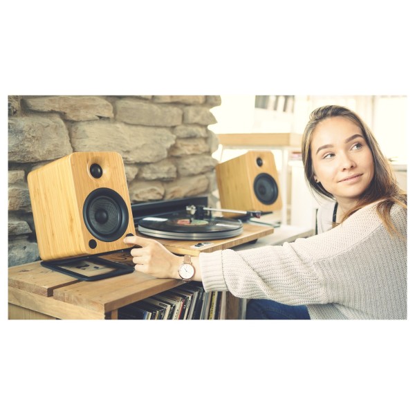Kanto YU4 Powered Bookshelf Speakers, Bamboo - Lifestyle