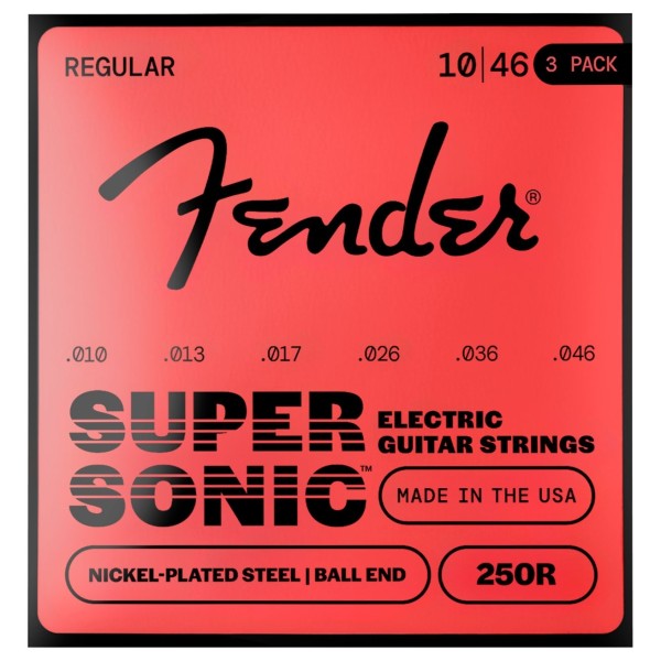 Fender SuperSonic 250R Guitar Strings, Nickel-Plated Steel, Ball End, Gauges .010-.046 (3-Pack)