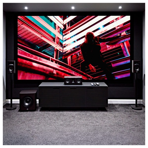 JBL Studio 620 Bookshelf Speaker (Pair), Dark Wood - Lifestyle image, in home cinema with Studio 625C and 650P Subwoofer