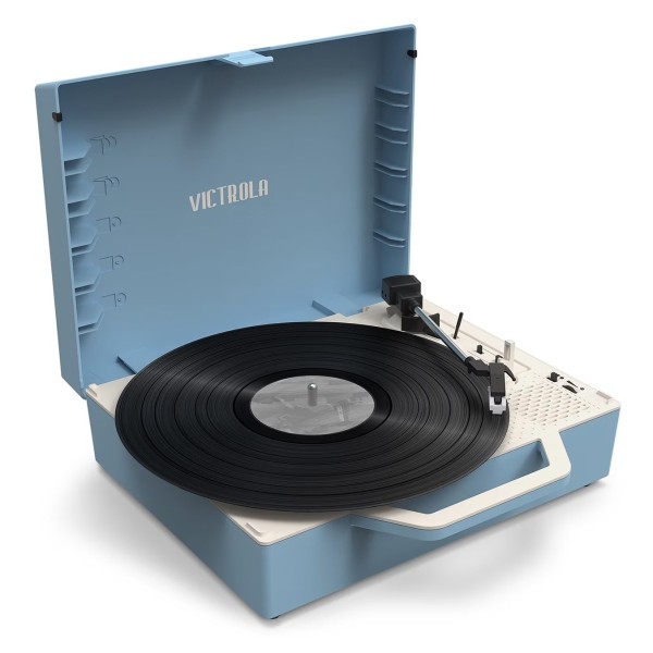 Victrola Re-Spin Suitcase Record Player, Light Blue - Angled