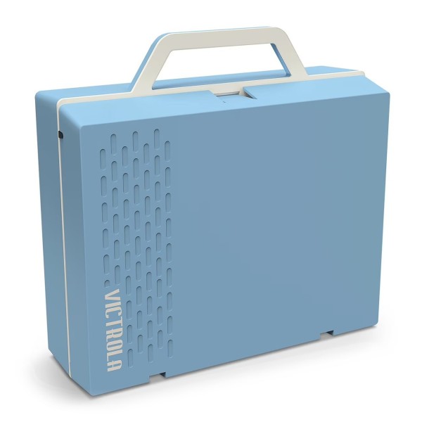 Victrola Re-Spin Suitcase Record Player, Light Blue - Angled Closed