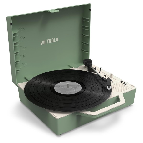 Victrola Re-Spin Suitcase Record Player, Basil Green - Angled