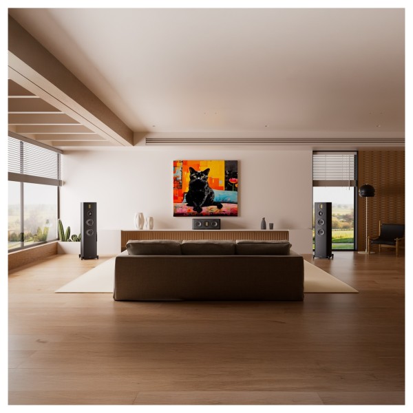 Wharfedale Evo 5.4 Floorstanding Speakers (Pair), Black - Lifestyle image, home audio system with Evo 5.3 Centre Speaker