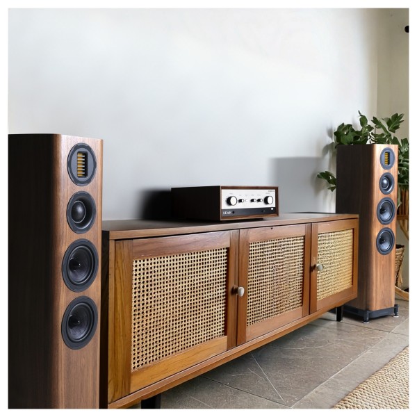 Wharfedale Evo 5.4 Floorstanding Speakers (Pair), Walnut - Lifestyle Image, Hi-Fi System with Leak Stereo 230 Integrated Amplifi