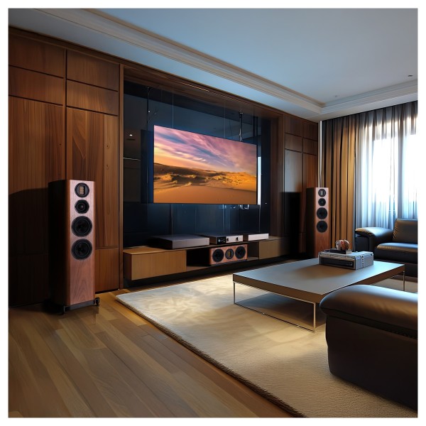 Wharfedale Evo 5.4 Floorstanding Speakers (Pair), Walnut - Lifestyle Image, Home Cinema with Evo 5.3 Centre Speaker