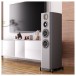 Wharfedale Evo 5.4 Floorstanding Speakers (Pair), Grey - Lifestyle Image, in living room, close-up