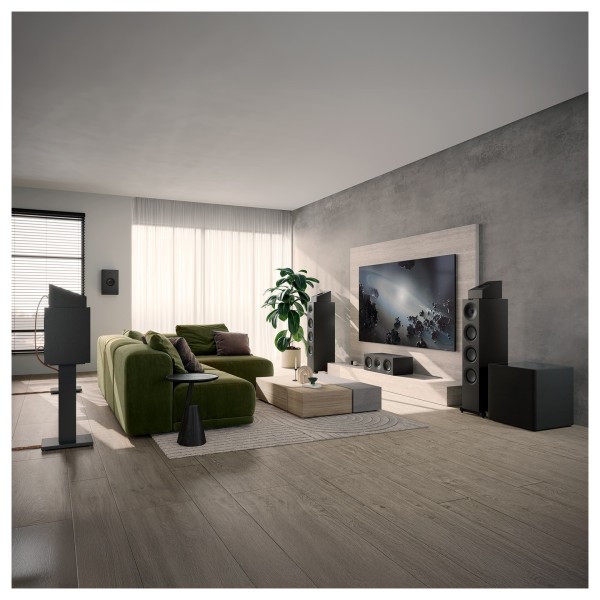 KEF Q8 Meta Dolby Atmos Speakers (Pair), Satin Black - Lifestyle Image, Living room, surround sound system