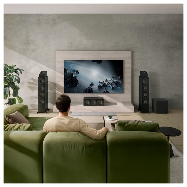 KEF Q8 Meta Dolby Atmos Speakers (Pair), Satin Black - Lifestyle Image, on-top of Q11 Meta