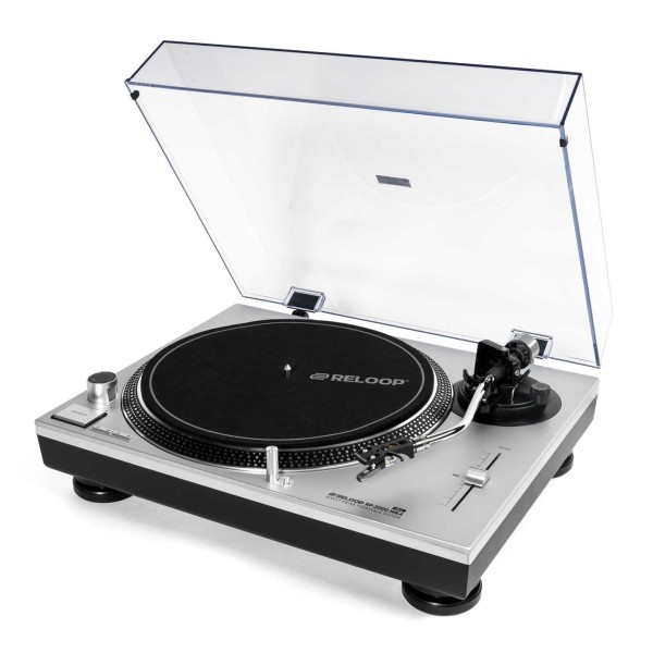Reloop Turntable RP-2000 MK4, Silver - Angled with Cover