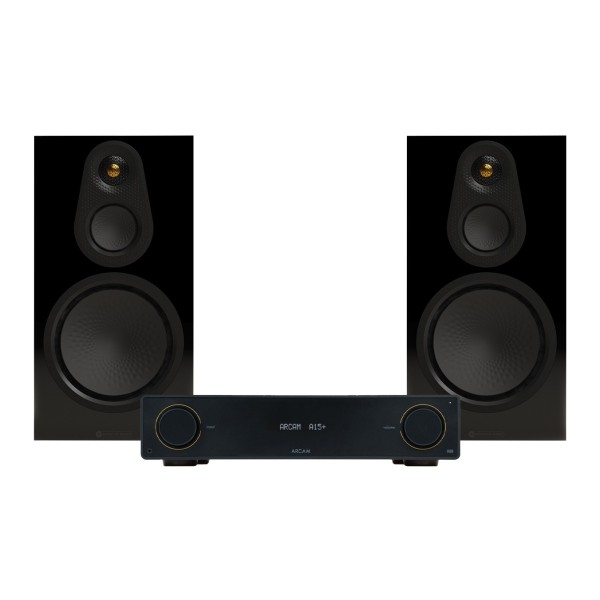 Arcam A15+ Amplifier and Monitor Audio Silver 100 8G Speakers Hi-Fi Bundle, Gloss Black- main 