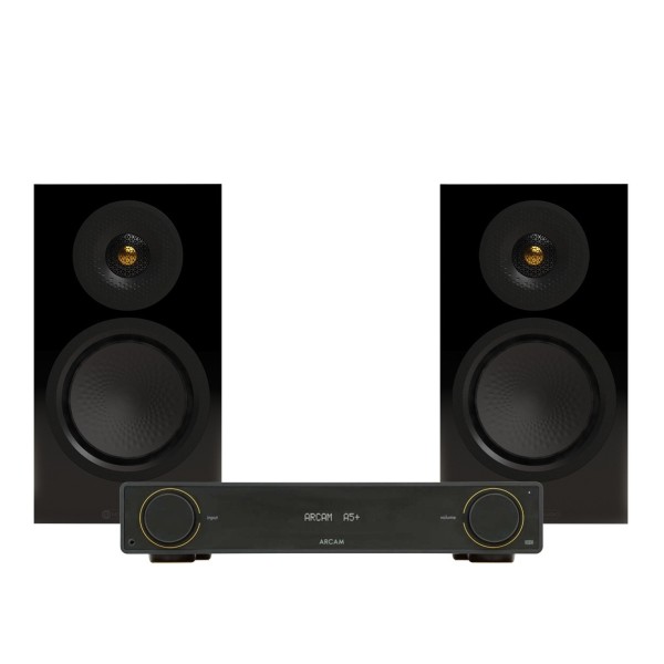 Arcam A5+ Amplifier and Monitor Audio Silver 50 8G Speakers Hi-Fi Bundle, Gloss Black