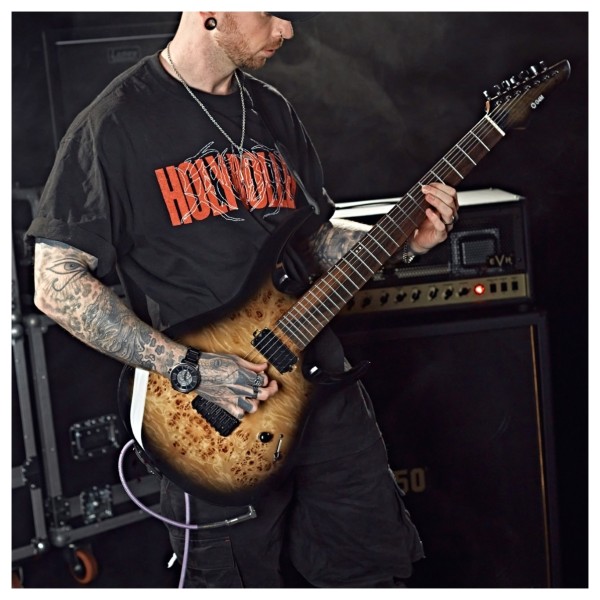 G4M 529 Standard Electric Guitar, 7-String, Black Burl Burst