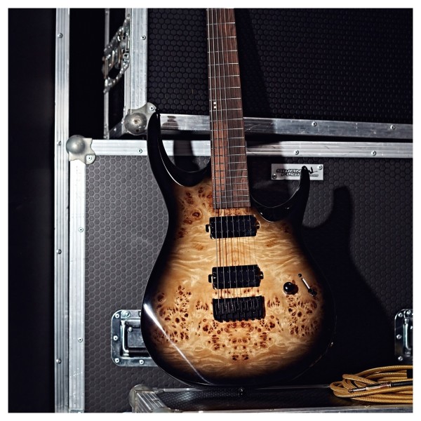 G4M 529 Standard Electric Guitar, 7-String, Black Burl Burst