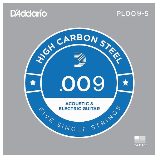 D'Addario Plain Steel .009 Guitar Strings, 5 Pack