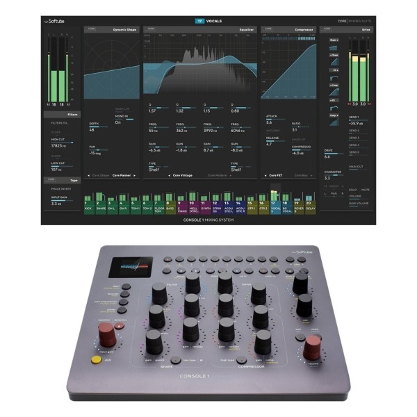Softube Console 1 Compact Mixer Controller - Front with Plugin