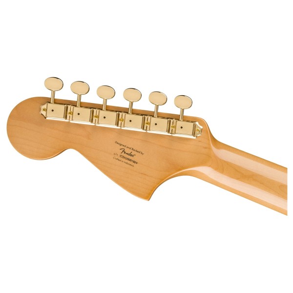 Squier FSR Classic Vibe '70s Jaguar in Oxblood with Matching Headcap and Gold Hardware - back of headstock