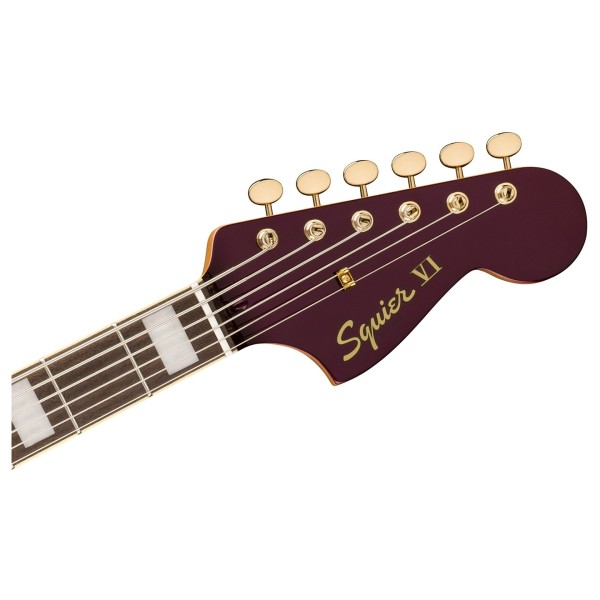 Squier FSR Classic Vibe Bass VI in Oxblood with Matching Headcap and Gold Hardware - headstock