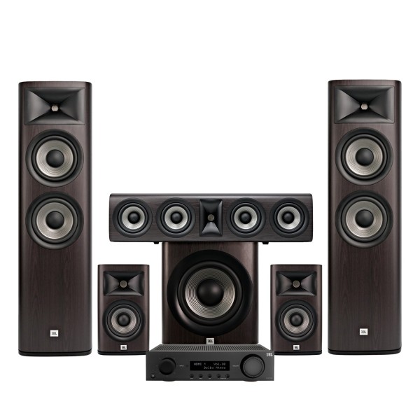 JBL MA710 AV Receiver, Black & Studio 690 5.1 Speaker Package, Dark Wood - main 