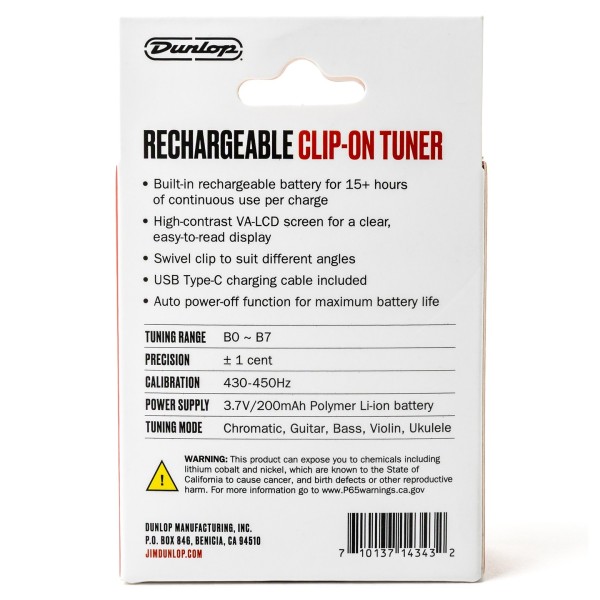 Dunlop Rechargeable Clip-On Tuner - back of box