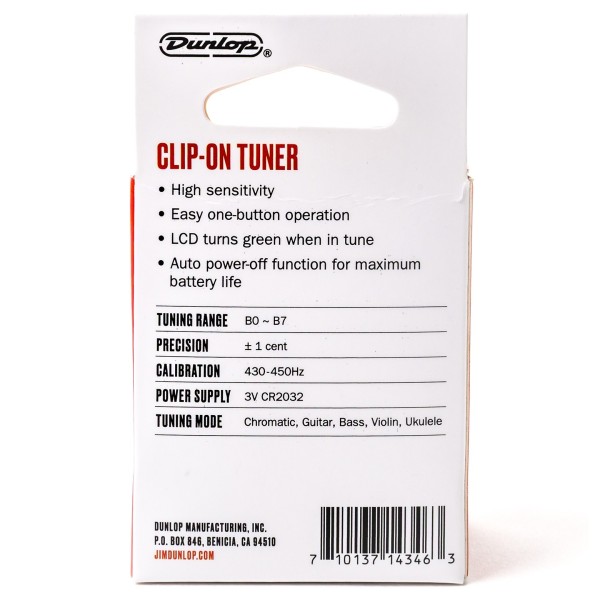 Dunlop Clip-On Tuner - back of box