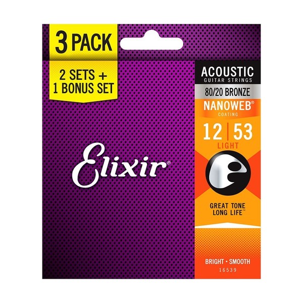 Elixir E16539 Nanoweb Light Acoustic Strings, 12-53 3 for 2 pack