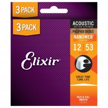 Elixir Phosphor Nanoweb Acoustic Strings 3 Pack, 12-53