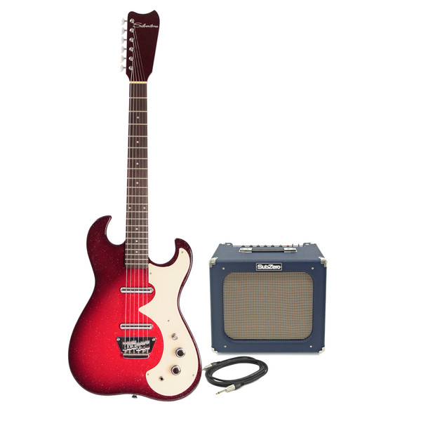 Silvertone 1449 Electric Guitar + SubZero Tube-20R Pack, Red Sparkle