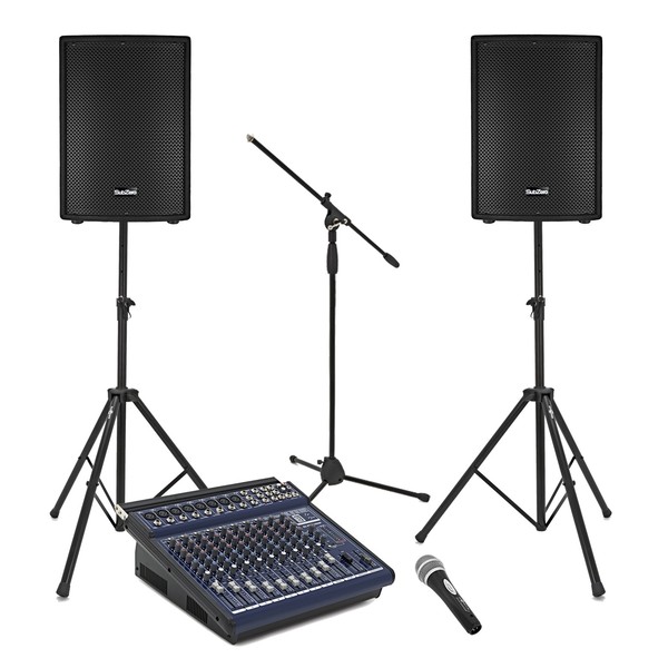 600W 15" Passive PA System with Powered Mixer, Mic and Stands