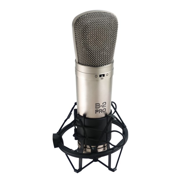B-2 Pro Condenser Microphone, Front Angled Right With Shock Mount