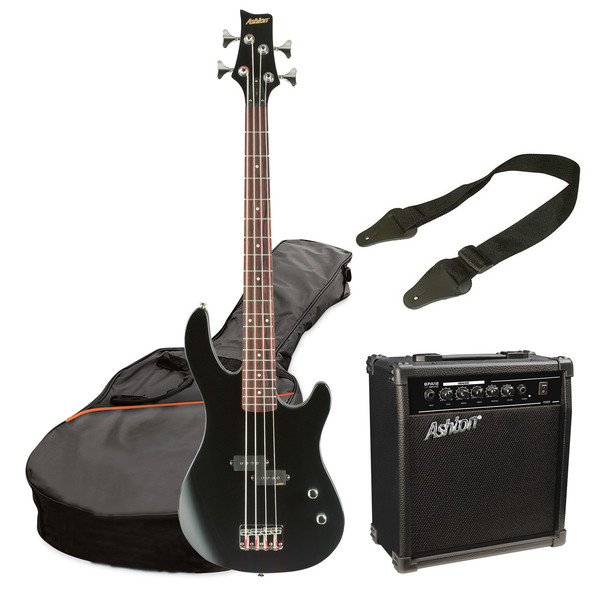 Ashton SPJOEYBASS 3/4 Size Bass Guitar Starter Pack, Black