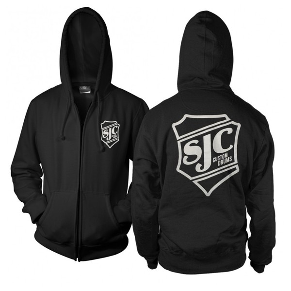 SJC Custom Drums Zip Up Hoodie Black with white Breast Print, Large