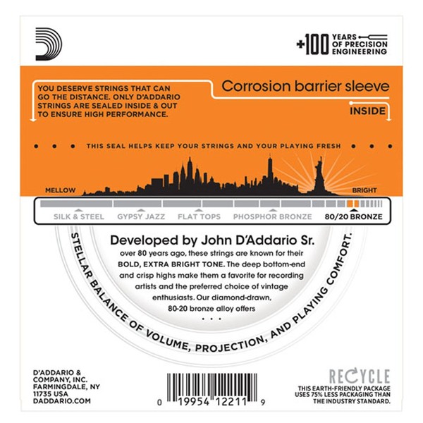 DAddario EJ10 80/20 Bronze Acoustic Strings, Extra Light, 10-47