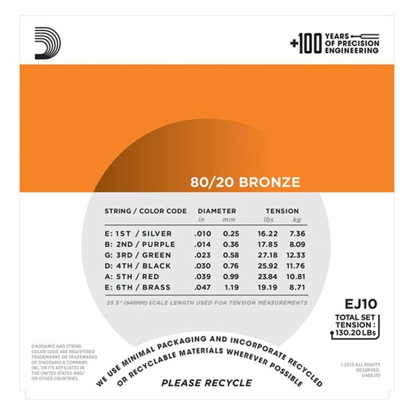 DAddario EJ10 80/20 Bronze Acoustic Strings, Extra Light, 10-47