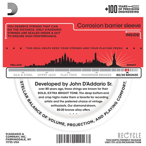 DAddario EJ12 80/20 Bronze Acoustic Guitar Strings, Medium, 13-56