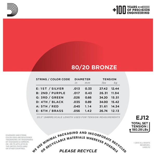 DAddario EJ12 80/20 Bronze Acoustic Guitar Strings, Medium, 13-56