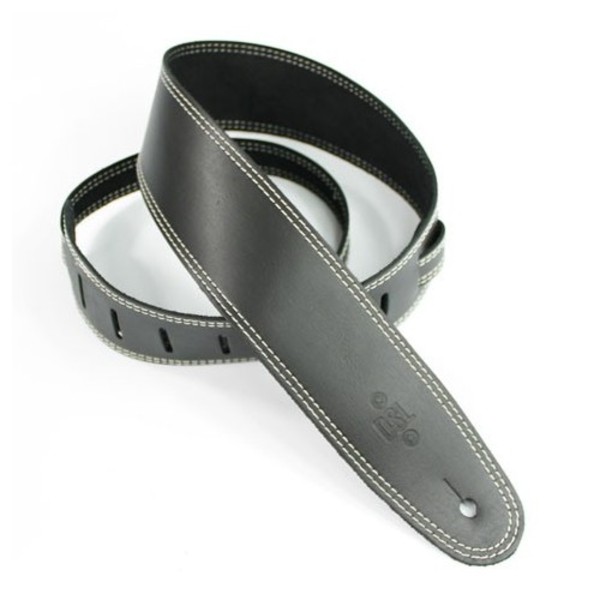 DSL Leather 2.5" Guitar Strap, Black with Beige Stitching