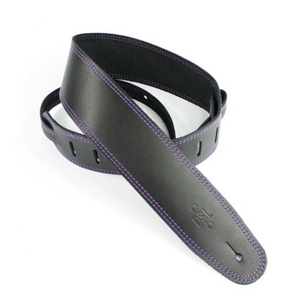 DSL Leather 2.5" Guitar Strap, Black with Purple Stitching